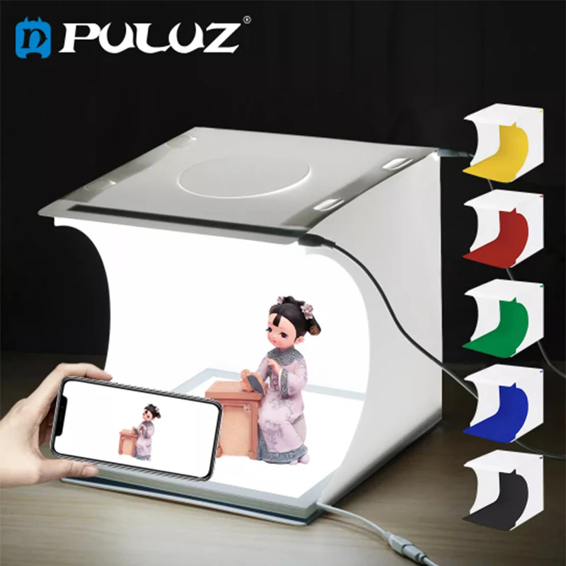 PULUZ Mini boîte à lumière 20x20cm, 9 Pouces Mini Photo Booth Portable Pliable avec Lumineuse et Réglable à 3 Couleurs & 6 Toiles de Fond pour la Photographie