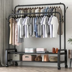 Porte vêtements étagère en métal avec support de canne et étagère à chaussures