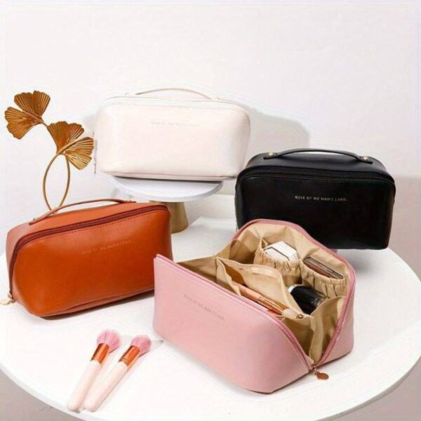 Trousse De Toilette, Cuir De Voyage Portable Sac Cosmétique, Grande Capacité Trousse À Maquillage Étanche Organisateur – Image 2