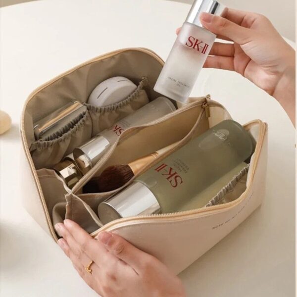 Trousse De Toilette, Cuir De Voyage Portable Sac Cosmétique, Grande Capacité Trousse À Maquillage Étanche Organisateur – Image 4